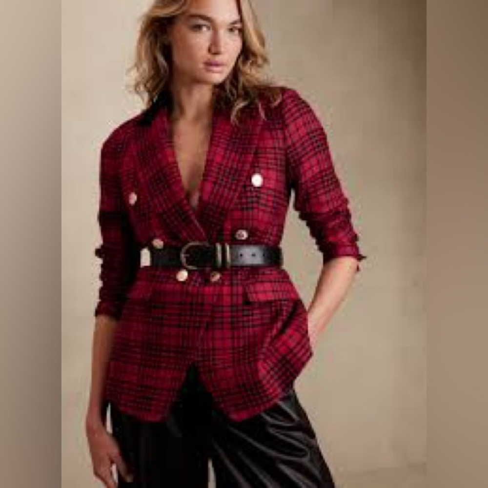 Banana Republic Women's Red And Black Plaid Blazer Size 8